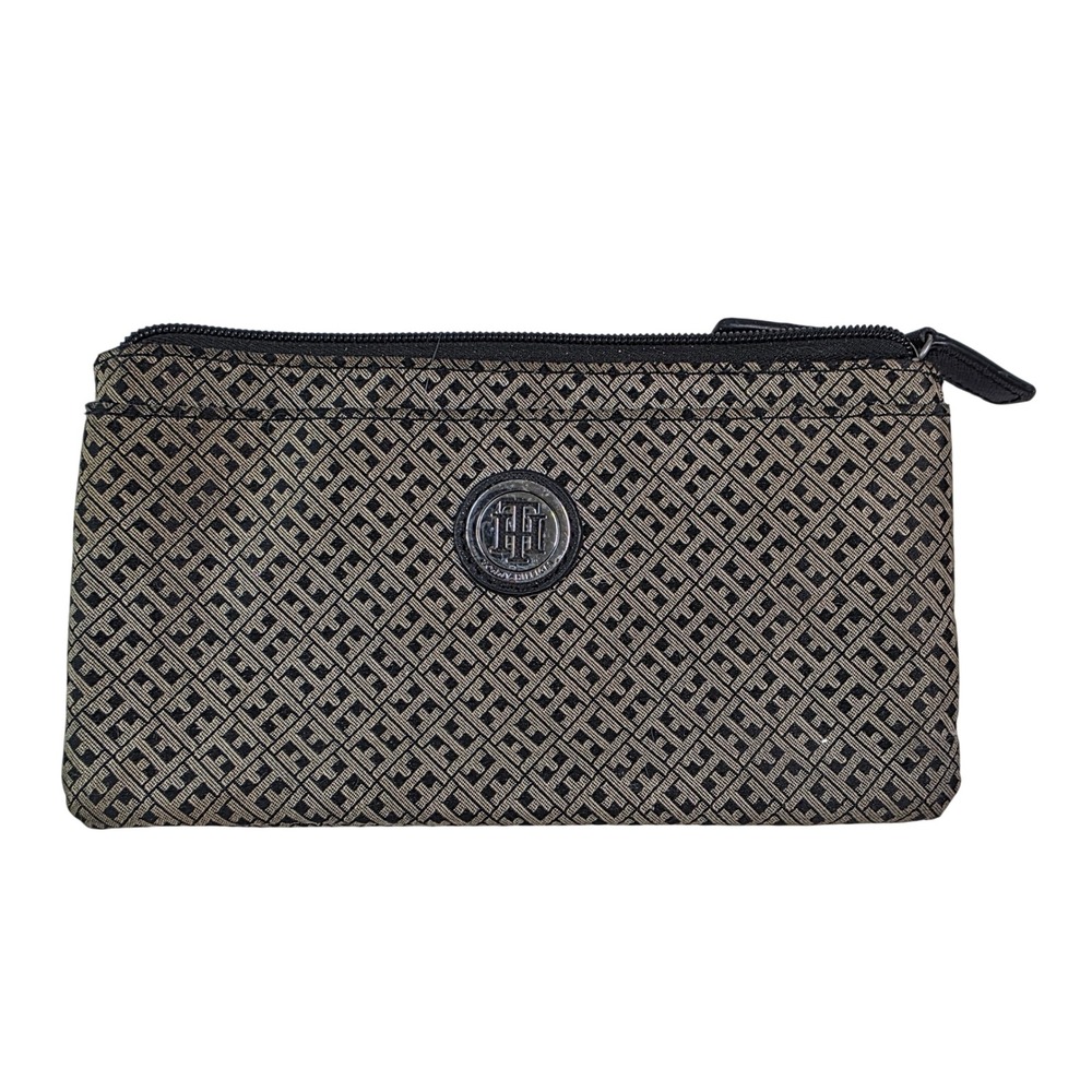 Tommy Hilfiger‎ Monogram Jacquard Double Zip Clutch Wallet Black Tan S3
